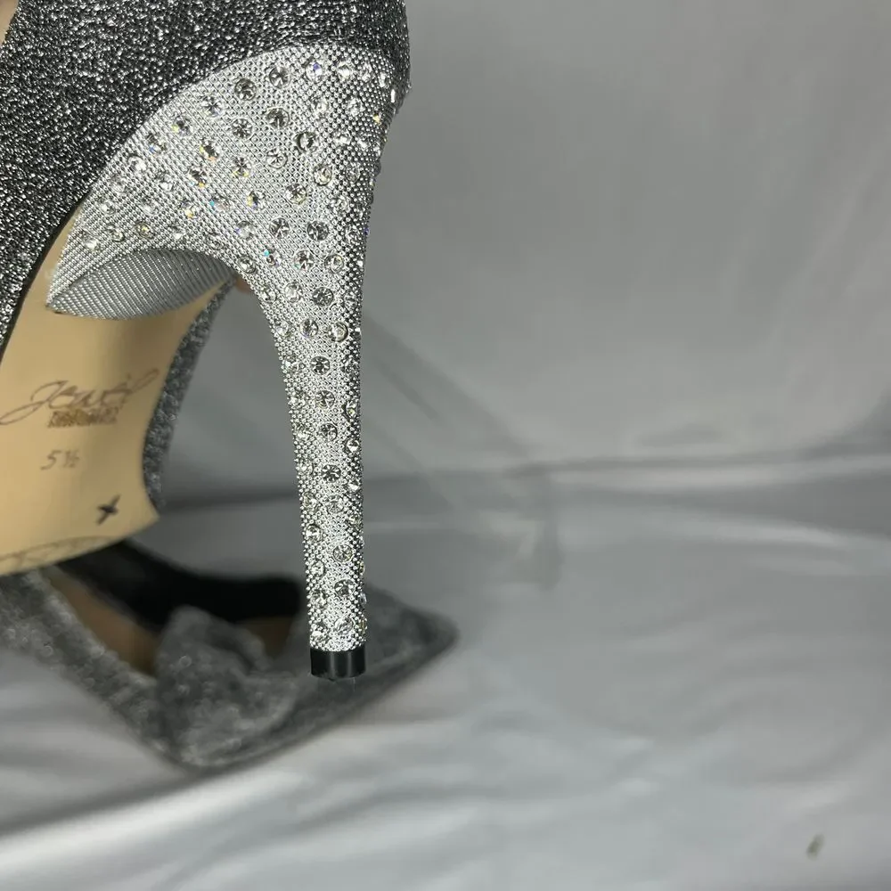Jewel Badgley Mischka Pumps Womens 5.5‎ Silver Glitter Rhinestone Bow Stiletto